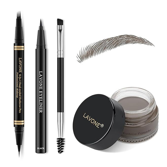 Makeup Kit with 4 Tip Waterproof Microblading Eyebrow Pencil, Eyeliner, Pomade and Dual-ended Brush, Brow Pencil Kit for Natural Looking - Grey-Velvo Beauty