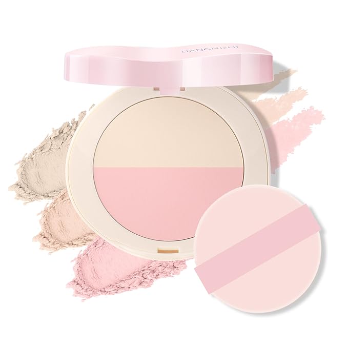 Pink Setting Powder, 3 in 1 Blush Palette with Puff, Highlighter Palette, Fine Texture Blush Pressed Powder, Setting Powder Makeup, Korea Makeup - Pink-Velvo Beauty