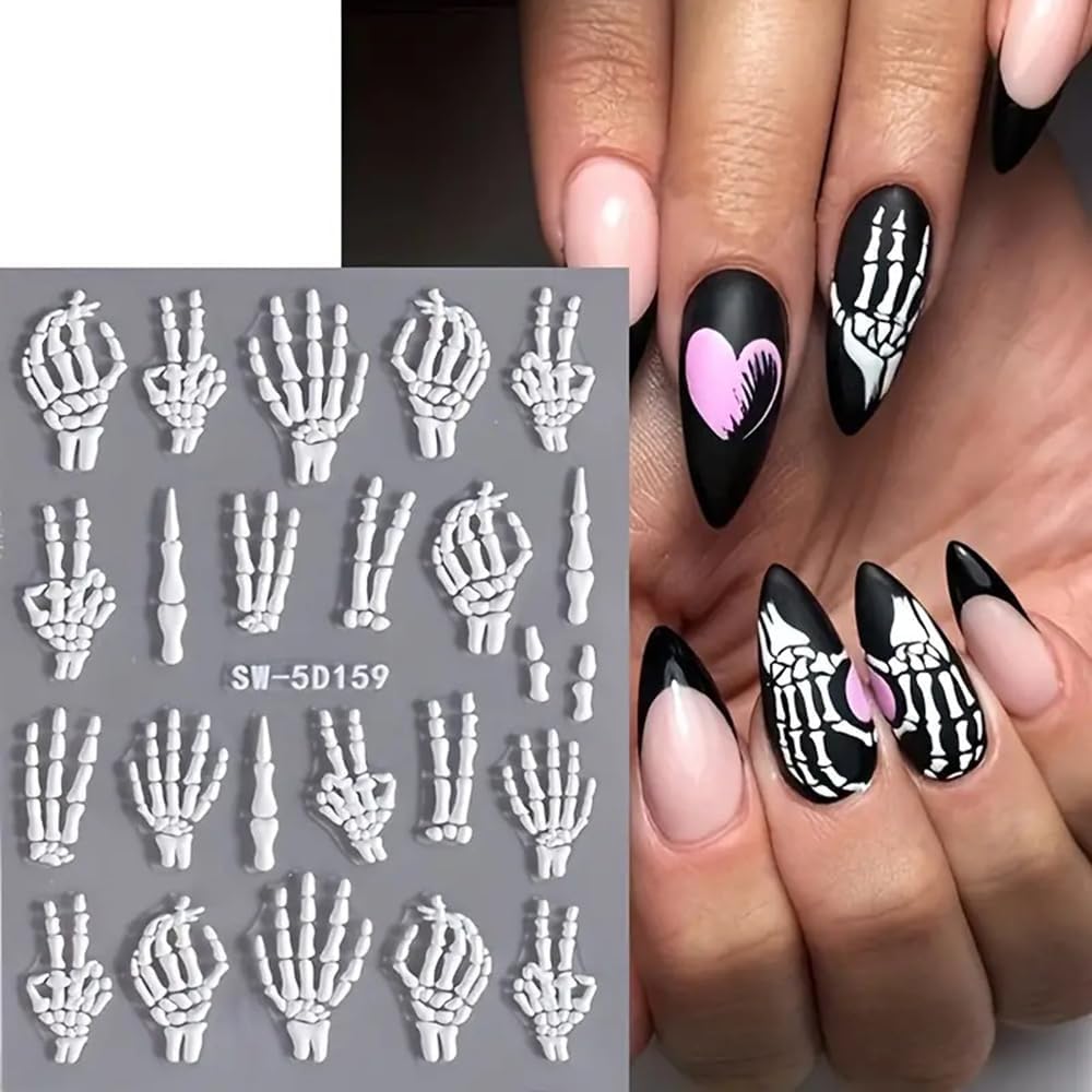 Halloween Nail Art Stickers Decals 3PCS Skeleton Nail Decals 5D Embossed Skull Nail Stickers White Hand Bones Finger Skeleton Halloween Nail Art Supplies Self-Adhesive Manicure Decorations-Velvo Beauty