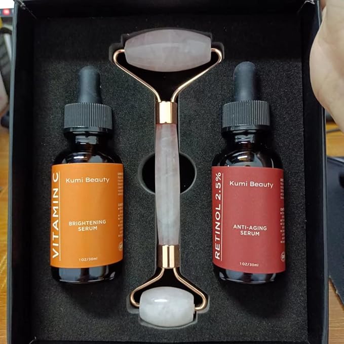 Kumi Beauty. K-Beauty Serums ~ 3 in 1 Gift Box ~ ||| Set: 2 Face Serums (Vitamin C + Retinol) + 1 Rose Quartz Roller.-Velvo Beauty