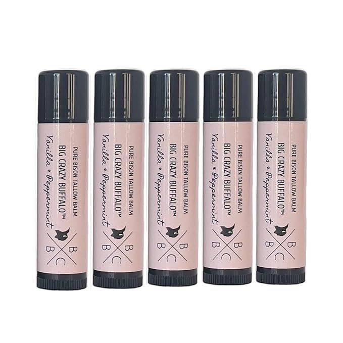 Pure Bison Tallow Lip Balm, Vanilla & Peppermint, (5 pack) - Moisturizing, Non-Habit Forming, Hydrating-Velvo Beauty