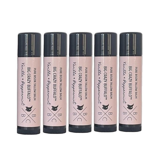 Pure Bison Tallow Lip Balm, Vanilla & Peppermint, (5 pack) - Moisturizing, Non-Habit Forming, Hydrating-Velvo Beauty