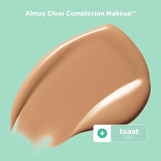 Almay Clear Complexion Acne Foundation Makeup with Salicylic Acid - Lightweight, Medium Coverage, Hypoallergenic, Fragrance-Free, for Sensitive Skin, 705 Toast, 1 fl oz.-Velvo Beauty