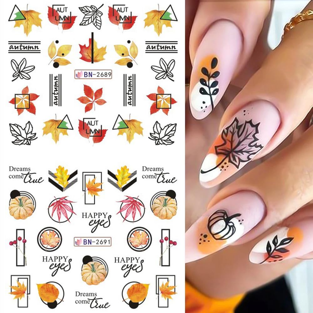 Fall Thanksgiving Nail Art Stickers Decals, 12 Sheets Maple Leaf Design Water Transfer Nail Decals Autumn Thanksgiving Nail Art Decoration Abstract Leaves Ginkgo Slider Nail Foils for Women DIY Supply-Velvo Beauty