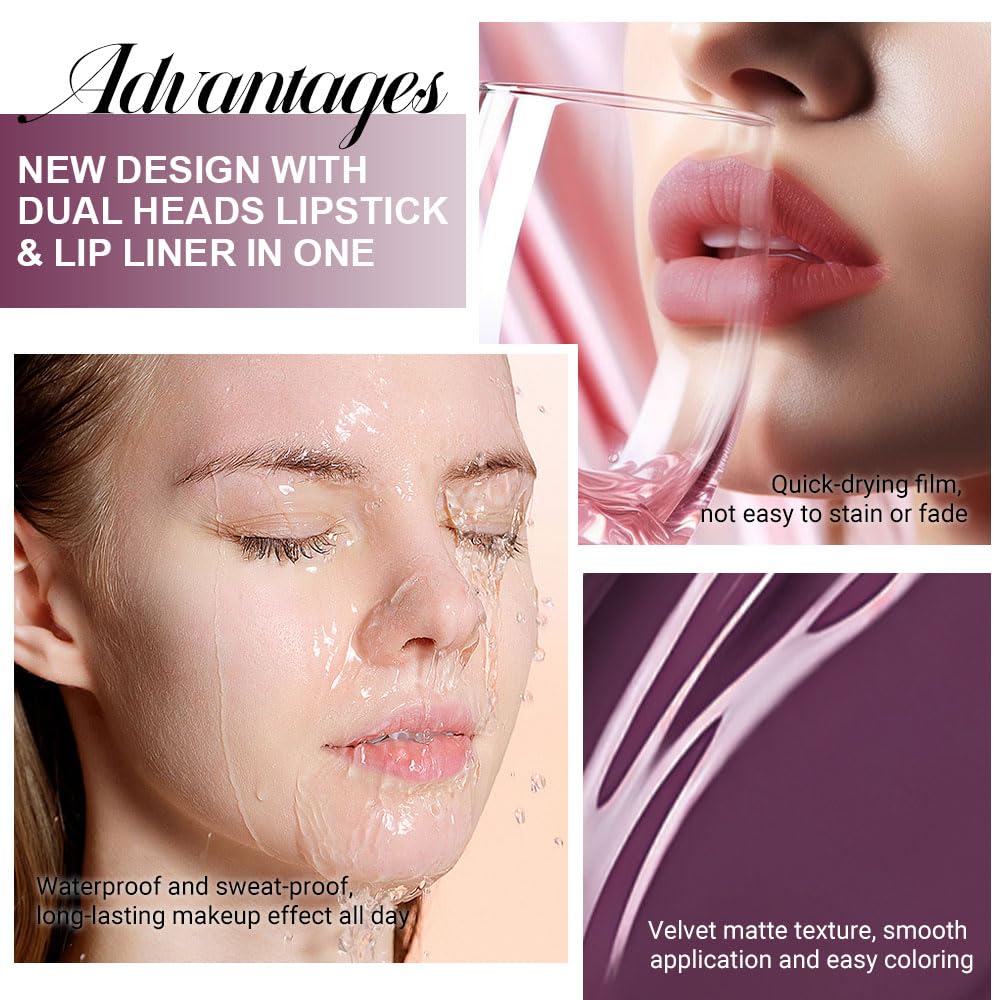 evpct 1Pcs Dark Purple Plum Matte Lip Liner and Liquid Lipstick Stain Makeup Set for women, Purple Long Lasting Smudge Proof Lipstick labiales matte mate larga duracion listip 24 hours originales,01#-Velvo Beauty
