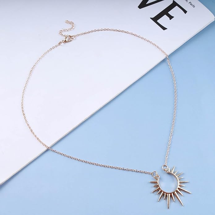Vintage Sunburst Pendent Necklace Hollow Sunburst Necklace Moonstone Gold Sun Choker Necklace Open Sunburst Necklace Jewelry for Women (Gold)-Velvo Beauty