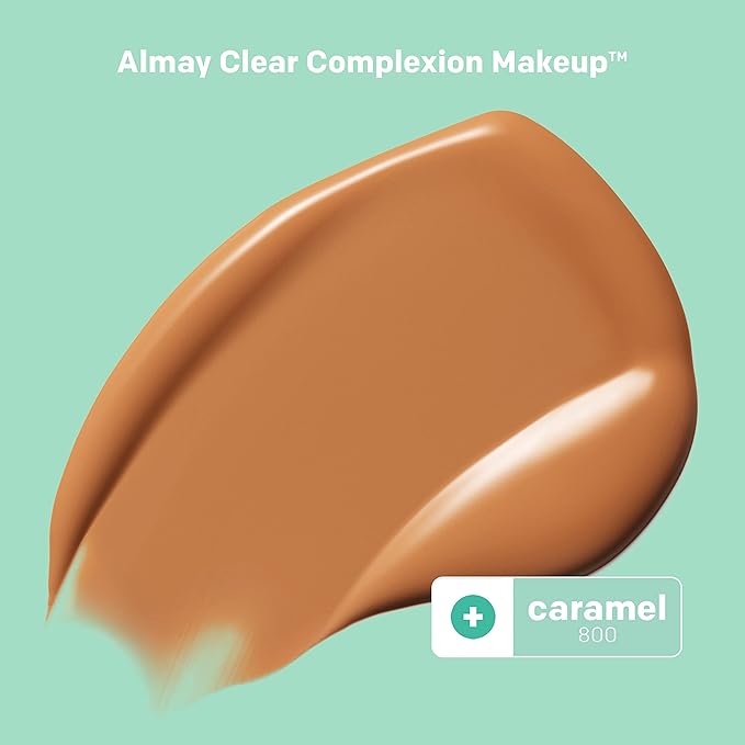 Almay Clear Complexion Acne Foundation Makeup with Salicylic Acid - Lightweight, Medium Coverage, Hypoallergenic, Fragrance-Free, for Sensitive Skin, 800 Caramel, 1 fl oz.-Velvo Beauty
