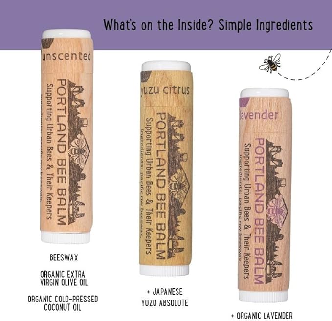 Portland Bee Balm All Natural Handmade Beeswax Based Lip Balm Unscented, Yuzu Citrus and Lavender Assortment 3 Count-Velvo Beauty