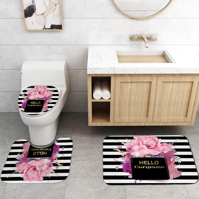 4PCS Gold Glitter Hello Gorgeous Shower Curtain Set, Watercolor Pink Floral Black and White Striped Perfume Makeup Modern Fashion Women Bathroom Decor, Non-Slip Bath Mat Toilet Rug, Hibiscus-Velvo Beauty