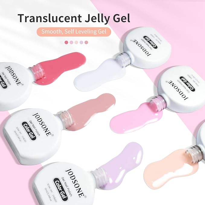 JODSONE 10ml Jelly Gel Nail Polish Set 6 Pale Colours White Pale Red Soft Pink Natural Nude Pale Purple Fresh Pink Purple All Seasons Neutral Soak off LED Lamp Gel Manicure Set for Nail Art-Velvo Beauty