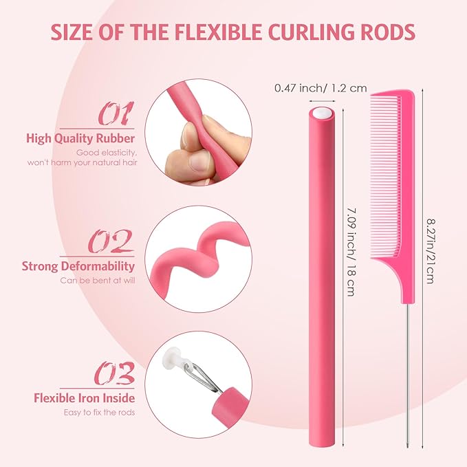 Syhood 30 Pcs 7'' Flexible Curling Rods Twist Foam Hair Rollers Soft Foam No Heat Hair Rods Rollers and 1 Steel Pintail Comb Rat Tail Comb for Women Long Short Hair(Pink,7 x 0.47 Inch)-Velvo Beauty