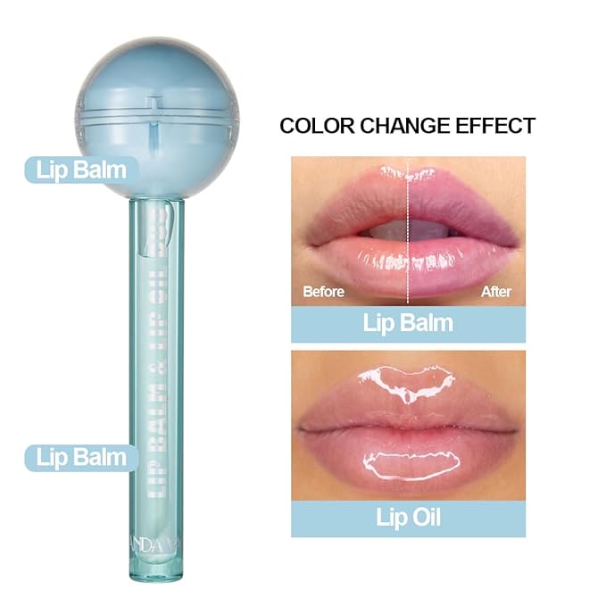 Tinted Lip Balm Lollipop Lip Gloss, Magic pH Color Changing Pink Lipstick & Vitamin E Clear Lip Oil Combo, Hydrating Plumping Lip Care Product for Girls (Blue)-Velvo Beauty