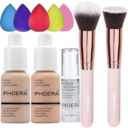 PHOERA Foundation 102 and 103 & Face Primer,Liquid Full Coverage Foundation Set,Foundation Brush Powder Brush,5 Makeup Sponge,30ml PHOERA 24HR Matte Oil Control Concealer (102 Nude + 103 Warm peach)-Velvo Beauty