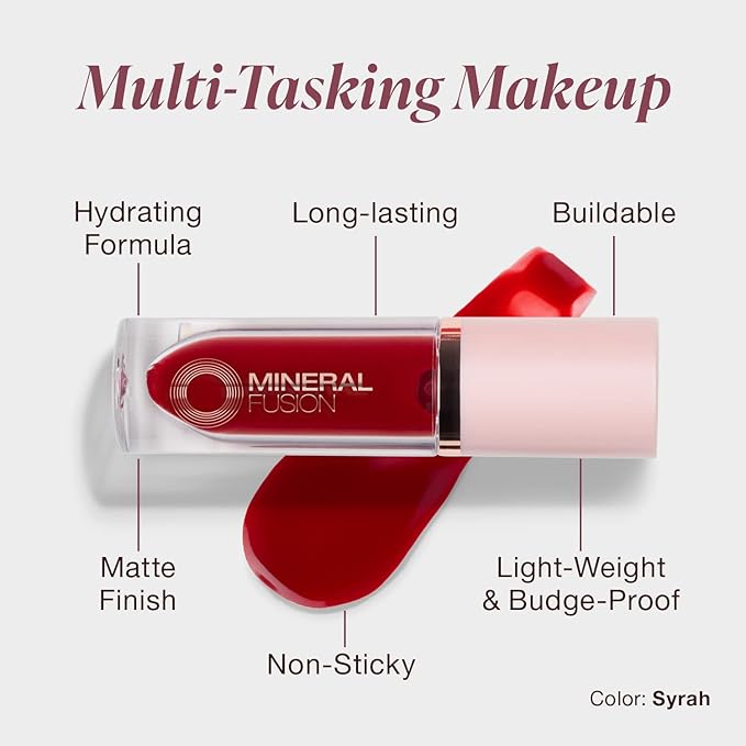 Mineral Fusion 2-in-1 Lip & Cheek Stain Syrah, 0.10 fl oz, Bright Red hydrating, long-lasting, matte lip and cheek color-Velvo Beauty
