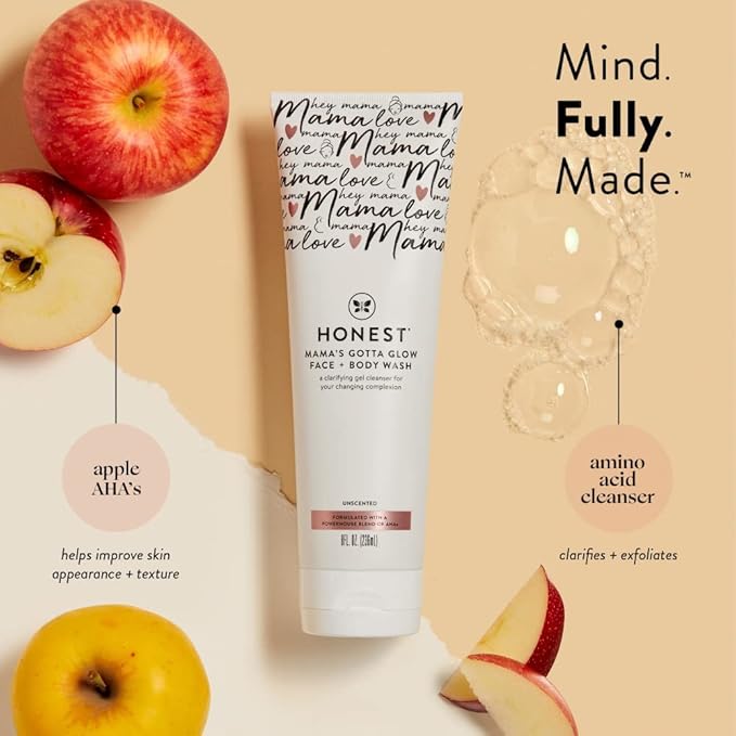 The Honest Company New Mama Care Essentials Gift Set | Hospital Bag Must Haves | Travel Size Nip Balm (0.5 oz), Glow On Body Cream (1 oz), Gotta Glow Face Wash (1.75 fl oz), Reusable Pouch-Velvo Beauty