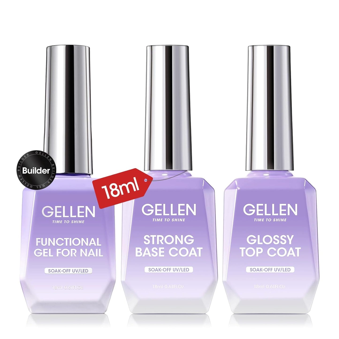 GELLEN Builder Nail Gel with Gel Top Coat Base Coat, 3 Pcs 18ml Top Coat Nail Polish Set, Soak Off Hard Builder in A Bottle for Nail Extension Strengthen Manicure Salon at Home-Velvo Beauty