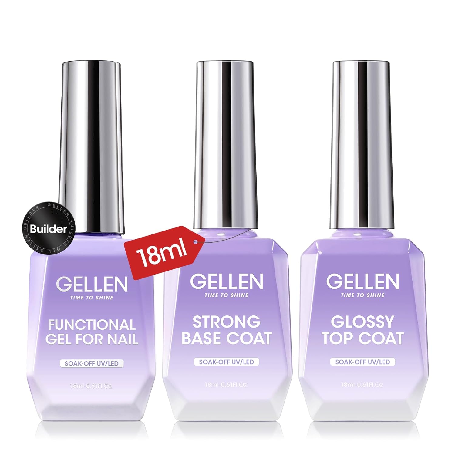 GELLEN Builder Nail Gel with Gel Top Coat Base Coat, 3 Pcs 18ml Top Coat Nail Polish Set, Soak Off Hard Builder in A Bottle for Nail Extension Strengthen Manicure Salon at Home-Velvo Beauty