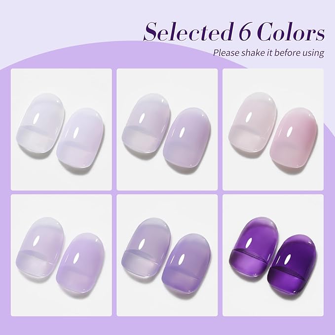 BORN PRETTY Jelly Purple Gel Nail Polish 6 Colors Purple Violets Colors Gel Polish Kit Soak Off Gel Nail Kit Collection Nail Art Gel Manicure Kit DIY at Home Salon Gifts-Velvo Beauty