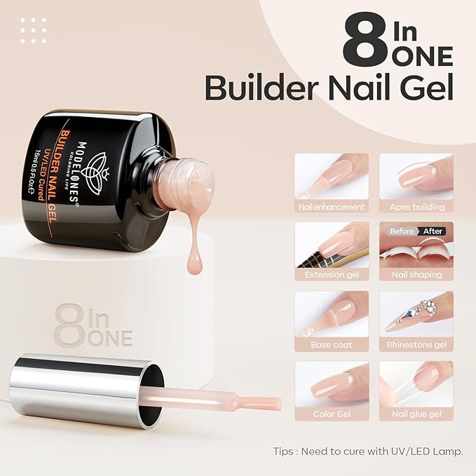 modelones 8-in-One Builder Nail Gel, Neutral Nude Builder for Thickening, LED Lamp Cured Hard Strengthener Extension Color Base Rhinestone Glue Gel Polish in a Bottle for DIY Home Salon-Velvo Beauty