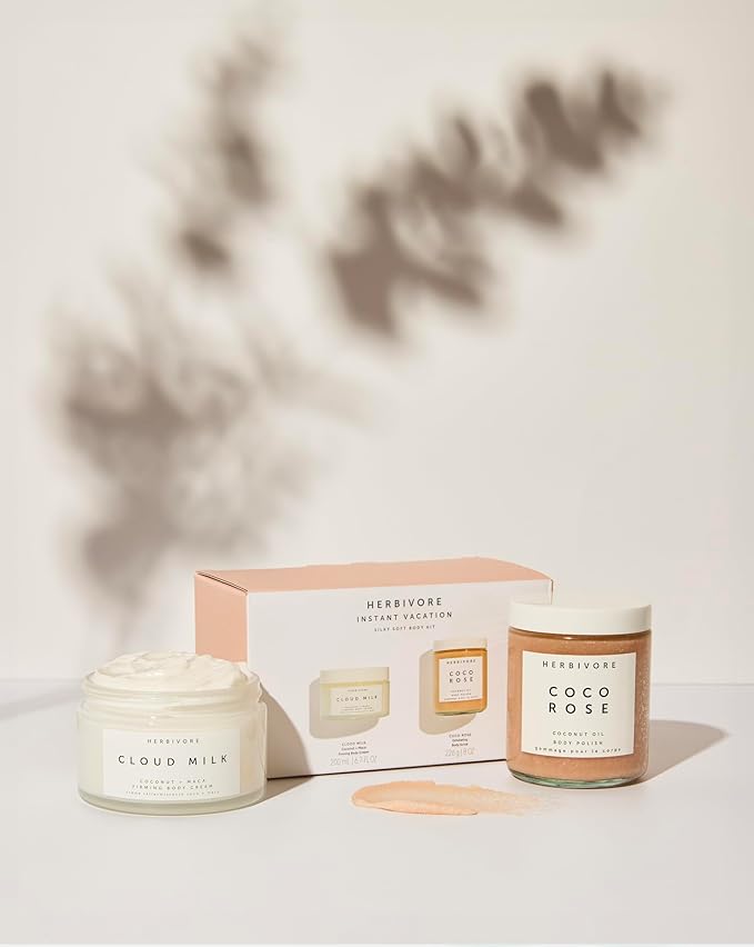 HERBIVORE Instant Vacation Silky Soft Body Gift Set | Coco Rose Coconut Oil Body Polish & Cloud Milk Coconut + Maca Firming Body Cream, Plant Based, Vegan, Cruelty Free-Velvo Beauty