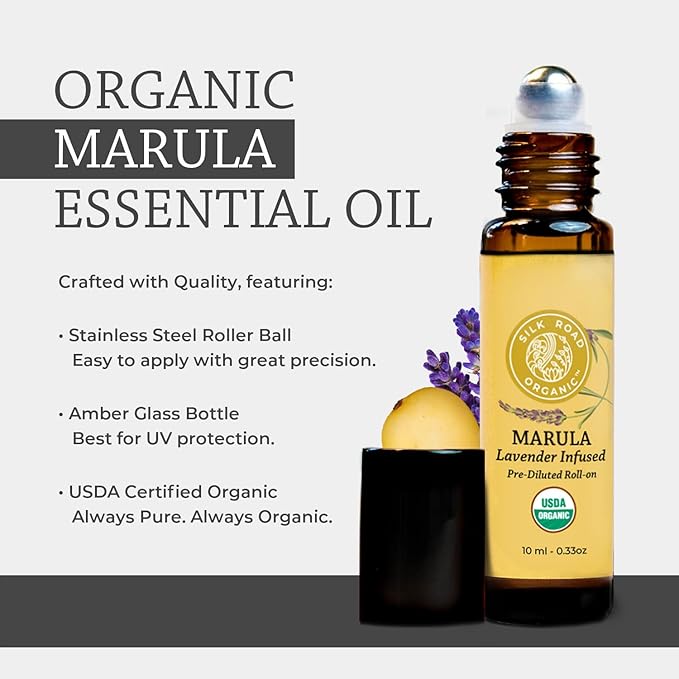 Silk Road Organic Marula Seed & Lavender Essential Oil, 100% Pure USDA Certified Aromatherapy, Deep Hydration for Face, Body, Lips, Hair, Nails - 10 ml Roller by Silk Road Organic-Velvo Beauty