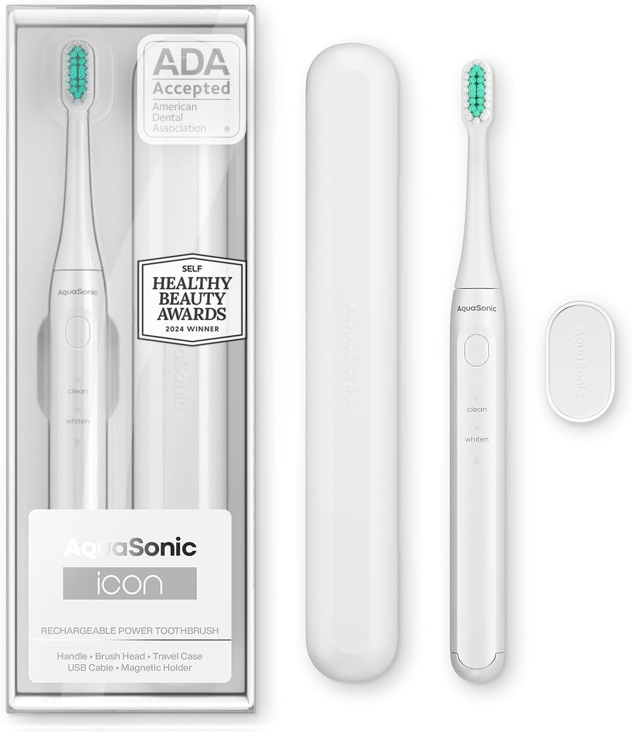 Aquasonic Icon ADA-Accepted Rechargeable Toothbrush | Magnetic Holder & Slim Travel Case | 2 Brushing Modes & Smart Timers | Gentle Micro-Vibrations (Pearl)-Velvo Beauty