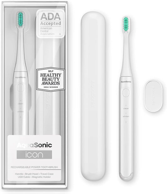 Aquasonic Icon ADA-Accepted Rechargeable Toothbrush | Magnetic Holder & Slim Travel Case | 2 Brushing Modes & Smart Timers | Gentle Micro-Vibrations (Pearl)-Velvo Beauty