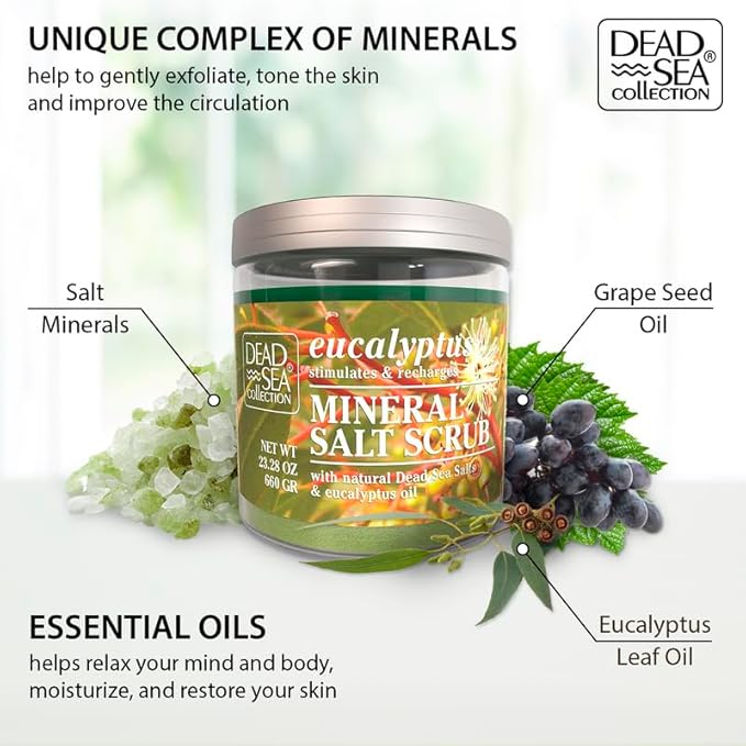 Dead Sea Collection Eucalyptus Salt Scrub – Exfoliating Body Scrub for Women – Moisturizing and Nourishing Skin – with Pure Oils and Dead Sea Minerals (23.28 Oz)-Velvo Beauty