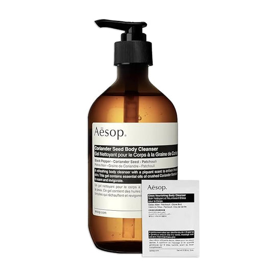 Aesop Coriander Seed Body Cleanser | Refreshing & Invigorating | Spicy, Woody, Warm | 16.9 oz / 500mL + Eleos Nourishing Body Cleanser Sample-Velvo Beauty