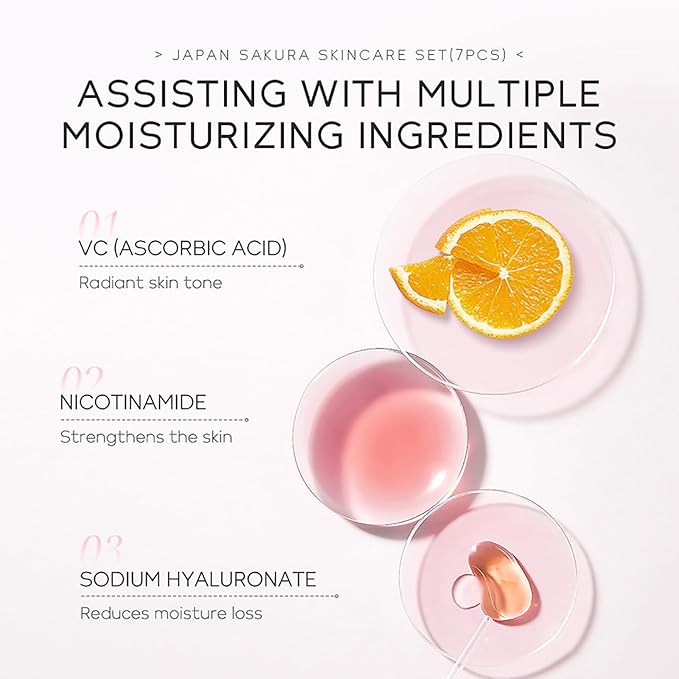 Skin Care Set JAPAN SAKURA Beauty Gift Sets Skin Care Kit with Cleanser, Toner, Lotion, Serum, Eye Cream, Face Cream, Make up Primer Travel Kit for Women Wife Mom 7pcs-Velvo Beauty