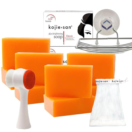 Kojie San Face & Body Shower Set - The Original Kojic Acid Soap, Dark Spot Remover Bar Soap with Coconut & Tea Tree Oil – 65g x 8 Bars with Leafa Soap Net, Brush and Soap Dish-Velvo Beauty