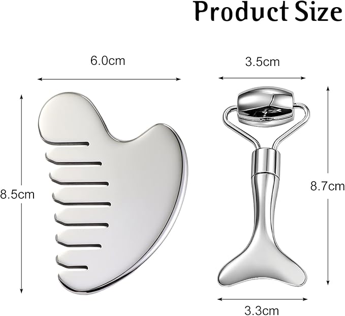 Gua Sha Facial Tool and Face Roller Set, Stainless Steel Lymphatic Drainage Massager for Face, Head, Eyes, Chin and Jaw, Lifting, Massage Scraping with Travel Pouch-Velvo Beauty
