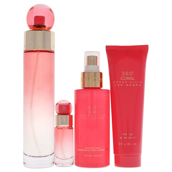 Perry Ellis 360 Coral 3.4oz EDP Spray, 4oz Body Mist, 3oz Shower Gel, 0.25oz EDP Spray Women 4 Pc Gift Set-Velvo Beauty