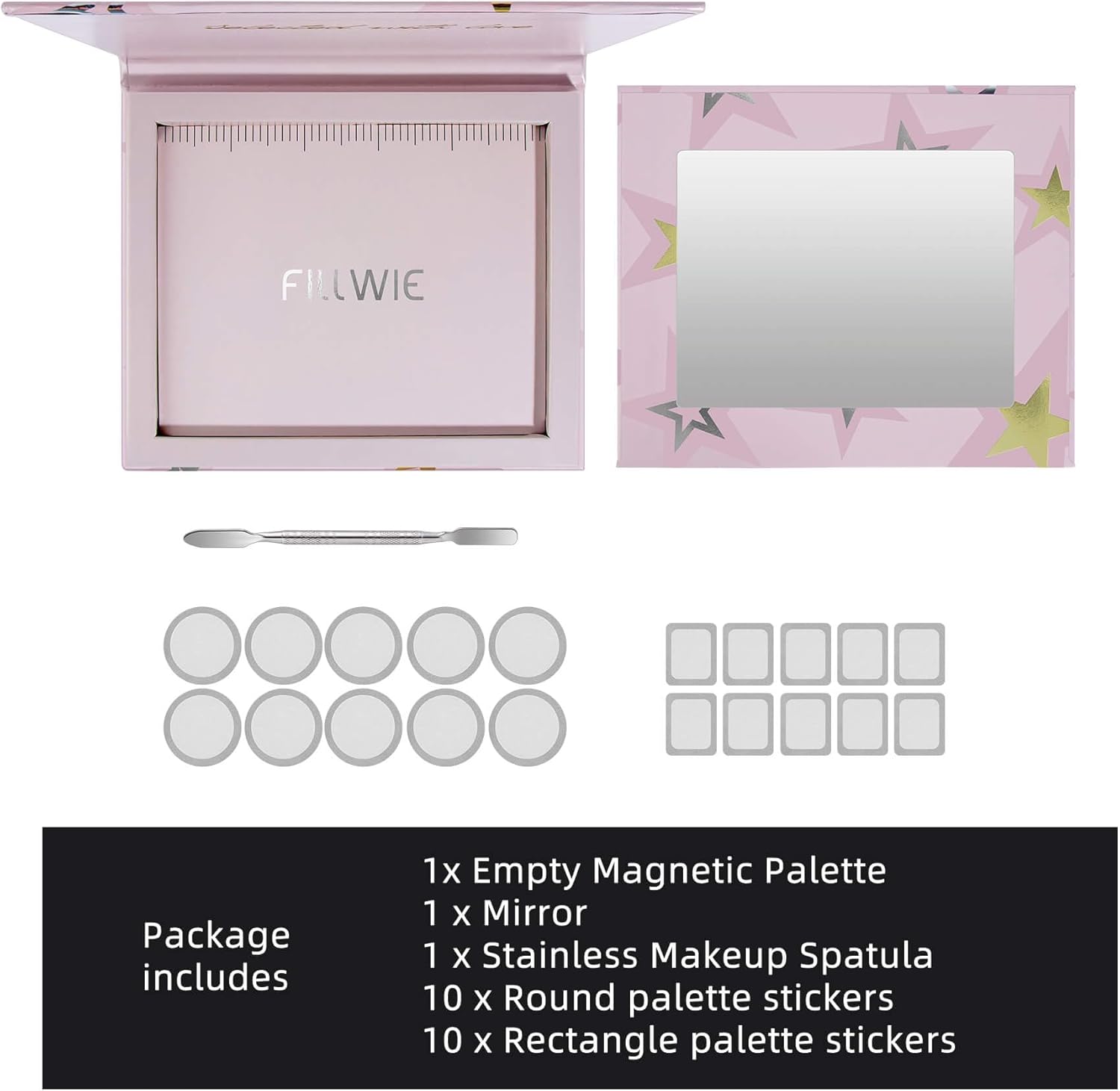 Magnetic Empty Makeup Palette with Mirror – Customizable Refillable Case for Eyeshadow, Blush, Lipstick, Highlighter – Lightweight, Waterproof, with Spatula & 20 Metal Stickers (Pink, Medium)-Velvo Beauty