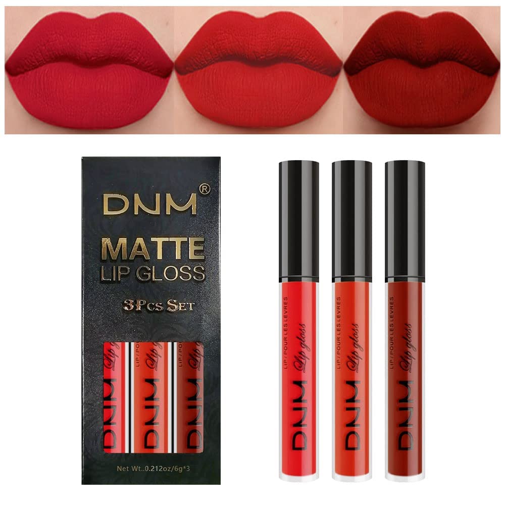 evpct 3Pcs Dark Ruby Fire Red Matte Liquid Lipstick Lip Stain Lipgloss sets for Women 24 Hour Red Matte Lipstick Long Lasting Smudge Proof-Velvo Beauty