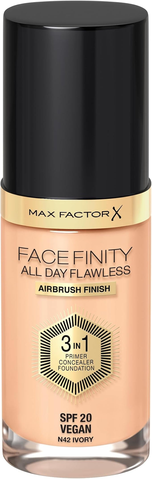 Max Factor Facefinity 3-in-1 All Day Flawless Liquid Foundation, SPF 20-42 Ivory, 30 ml-Velvo Beauty