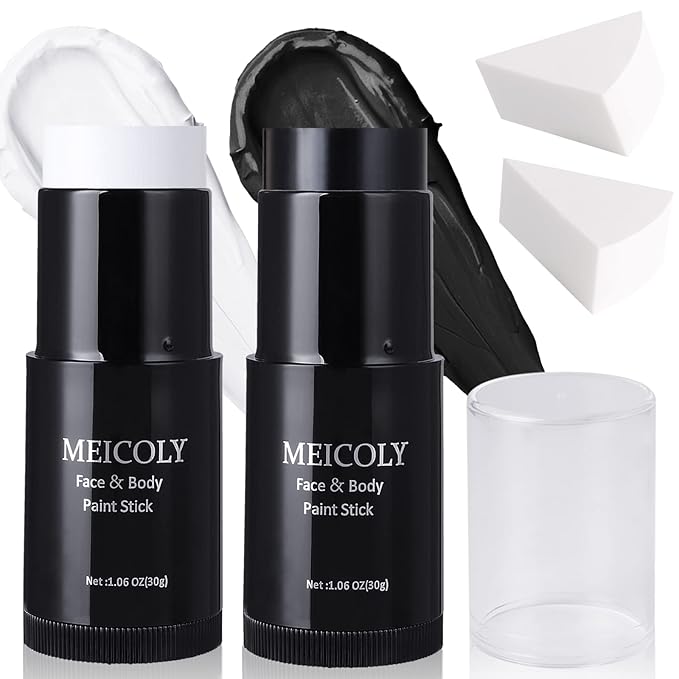 MEICOLY Black White Face Body Paint Stick Kit,1.06Oz Clown White Makeup Kit,2pcs Halloween Face Paint Grease Cream Mime Sticks,Joker Zombie Vampire Skeleton Cosplay with 2pcs Sponges-Velvo Beauty