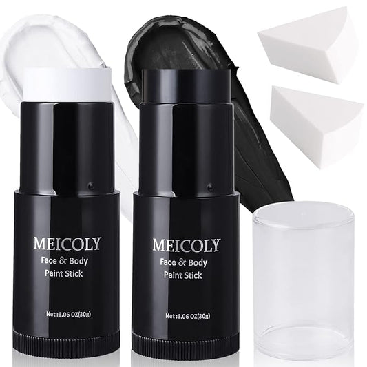 MEICOLY Black White Face Body Paint Stick Kit,1.06Oz Clown White Makeup Kit,2pcs Halloween Face Paint Grease Cream Mime Sticks,Joker Zombie Vampire Skeleton Cosplay with 2pcs Sponges-Velvo Beauty