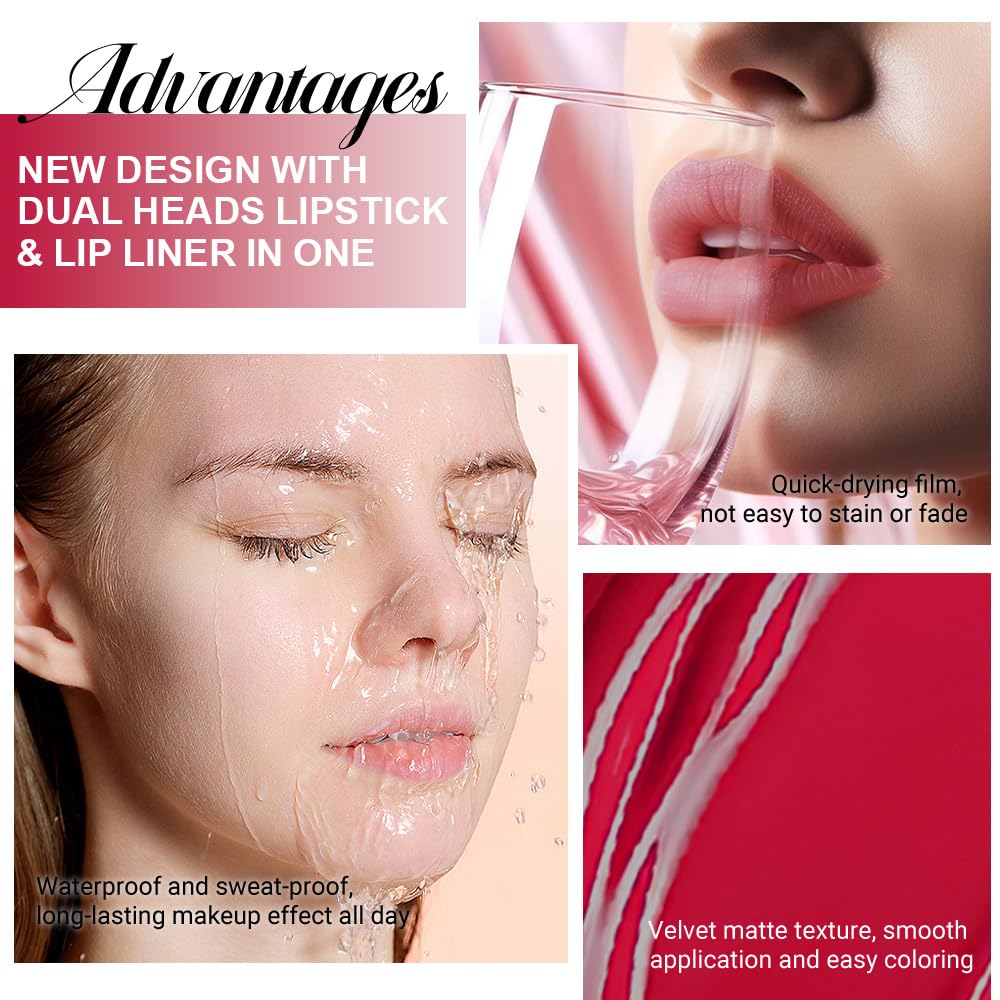 evpct 1Pcs Ruby Rose Red Matte Lip Liner & Liquid Lipstick Stain Makeup Set for Women, Red Lip Liner Stain Long Lasting Waterproof Smudge Proof, Cruelty Free Lip Stick Makeup 24 hours originales, 58-Velvo Beauty