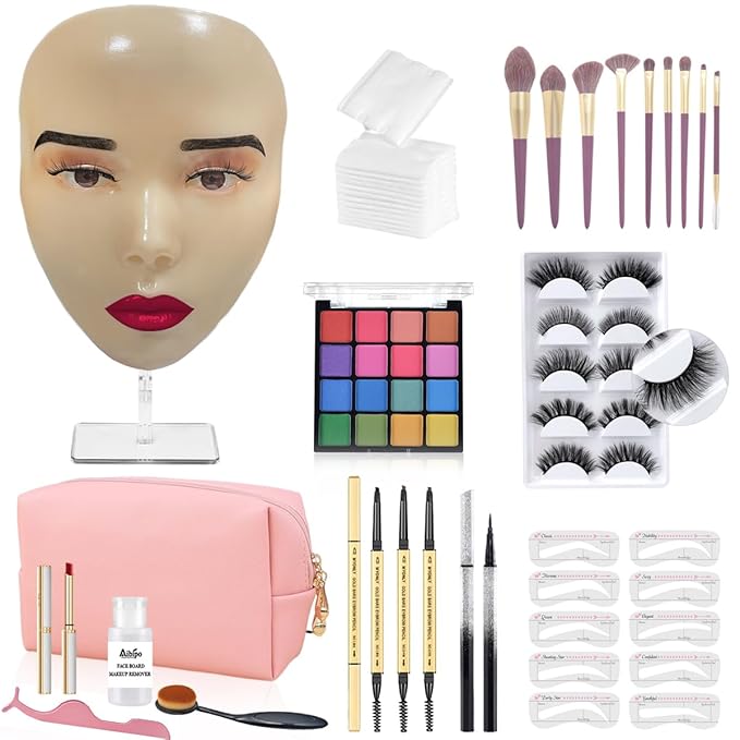 Makeup Practice Face Board, 5D Makeup Mannequin Face with Makeup Practice Kit for Makeup Artist, Beginners Face Makeup Practice, Eyelash Eyeliner Eyebrow Mapping, Come with Makeup Tools & Makeup Bag-Velvo Beauty