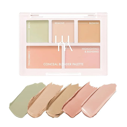 LUNA Conceal Blender Palette 5-in-1 Color Correcting and Concealing Makeup with Beige, Green, Vanila, Medium Peach and Pure Bright Buildable Coverage for Redness, Dark Circles and Blemishes-Velvo Beauty