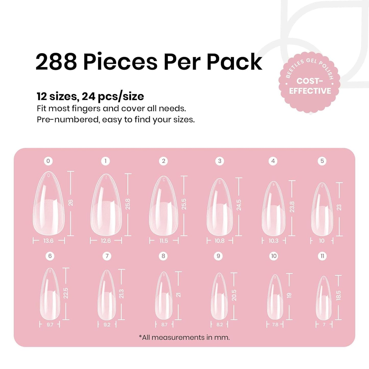 Beetles Gel Nail Tips Medium Almond Etch X Nail Tips, 12 Sizes 288 PCS Half Matte Full Cover False Nails Clear Acrylic Nails Glue on Nails DIY Gift for Women-Velvo Beauty