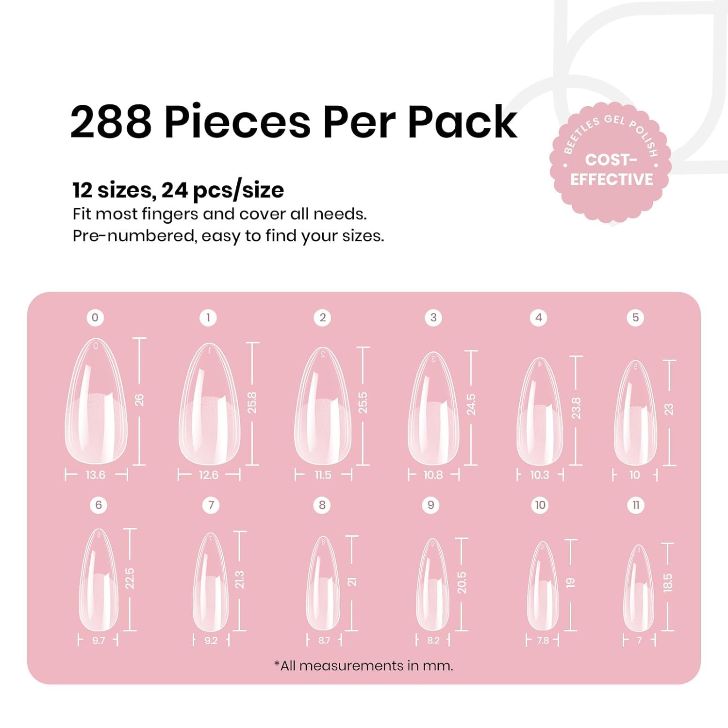 Beetles Gel Nail Tips Medium Almond Etch X Nail Tips, 12 Sizes 288 PCS Half Matte Full Cover False Nails Clear Acrylic Nails Glue on Nails DIY Gift for Women-Velvo Beauty