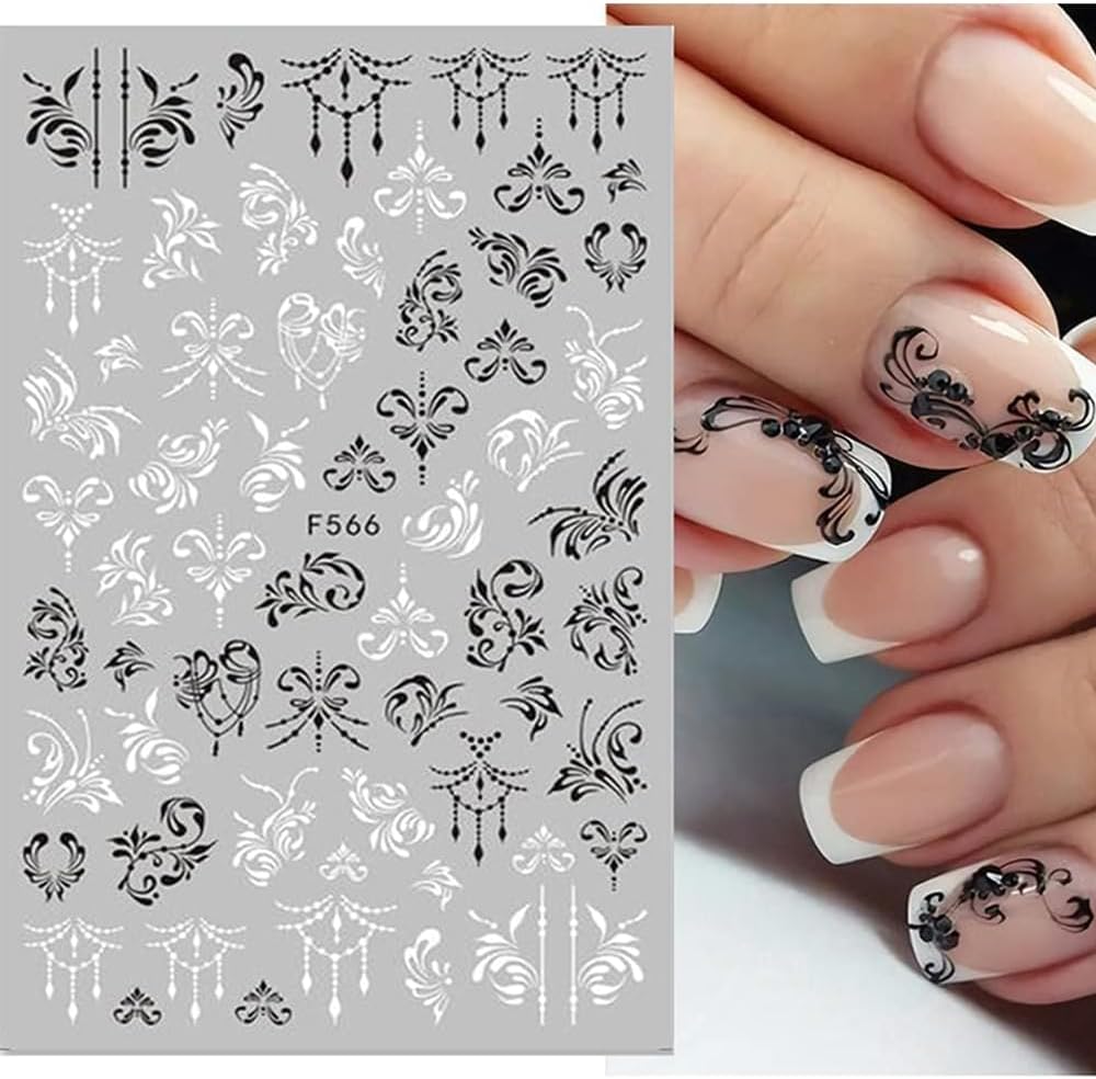 10 Sheets Black White Leaves Flower Nail Art Stickers 3D Self-Adhesive Retro Floral Vine Pattern Nail Decals Tropical Plants Mandala Leaf Geometry Transfer Decals Nail Art Decorations for Women Girls-Velvo Beauty