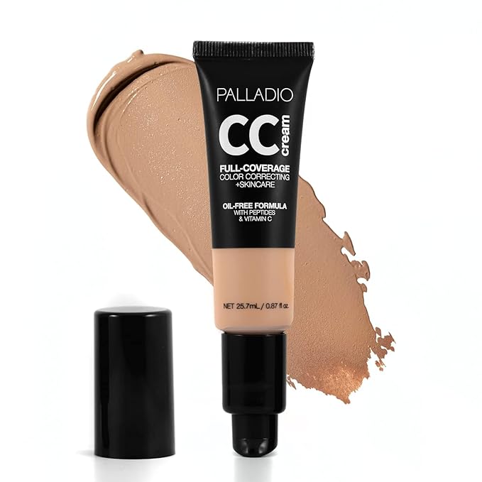 Palladio Full-Coverage Color Correction CC Cream, Oil-Free with Peptides & Vitamin C, Best for Correcting Redness and Uneven Skin Tone, Buildable Foundation Coverage (Tan 41N)-Velvo Beauty