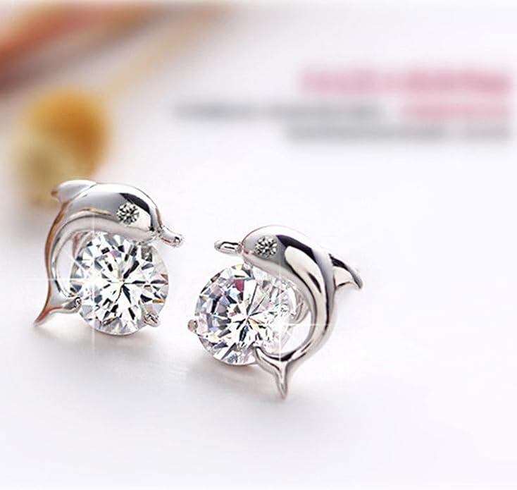 Silver Dolphin CZ Earrings Cute Animal Stud Earrings Tiny Earring Jackets Gifts for Women and Girls-Velvo Beauty