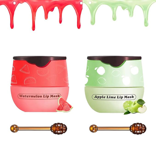 2 PCS Bee Lip Balm Honey Pot, Watermelon Apple Bee Lip Balm Sleeping Lip Mask Overnight with Sticks, Honey Pot Lip Balm Hydrating Exfoliating Prevention Dry and Crack Lip Scrubs-Velvo Beauty