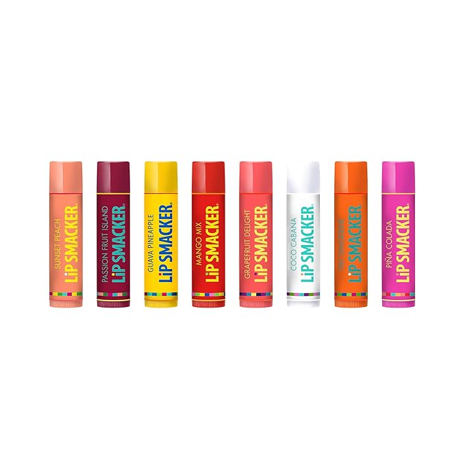Lip Smacker Flavored Lip Balm Tropic Fever 8 Count (Pack of 1), Passion Fruit, Peach, Breezey-Teazey, Pina Colada, Grapefruit, Coca Cabana, Tangerine, Mango, Clear-Velvo Beauty