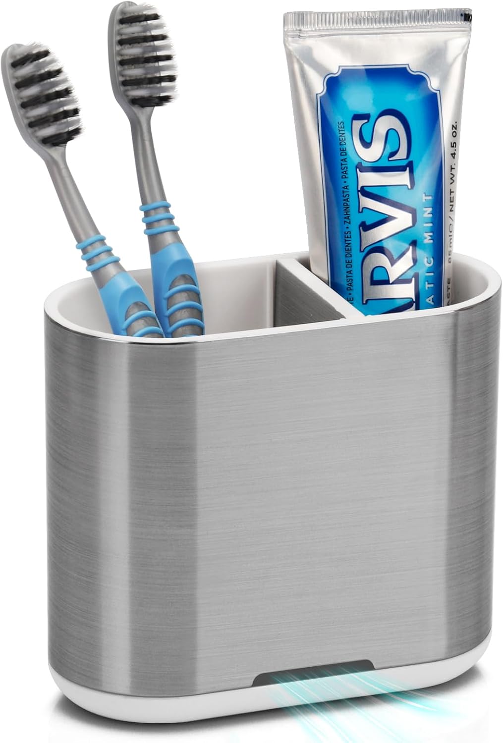 Toothbrush and Toothpaste Holder with Divider for Bathroom Countertop Organizer, 2 Slots Electric Toothbrush Holders Storage Caddy Drainage for Family, Kids (Brushed Silver)-Velvo Beauty