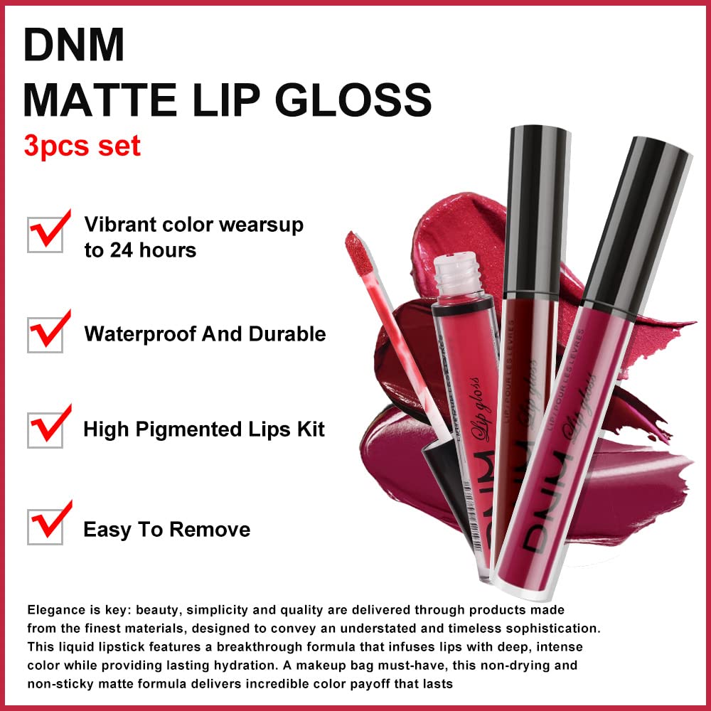 evpct 3Pcs Dark Red Purple Matte 24-hour Liquid Lipstick Sets, Matte Lipstick Lip Stain Long Lasting 24 Smudge Waterproof Lip Gloss Gift Set Matt Lipsticks Set Matt Liquid Women Makeup Lipstick 06-Velvo Beauty